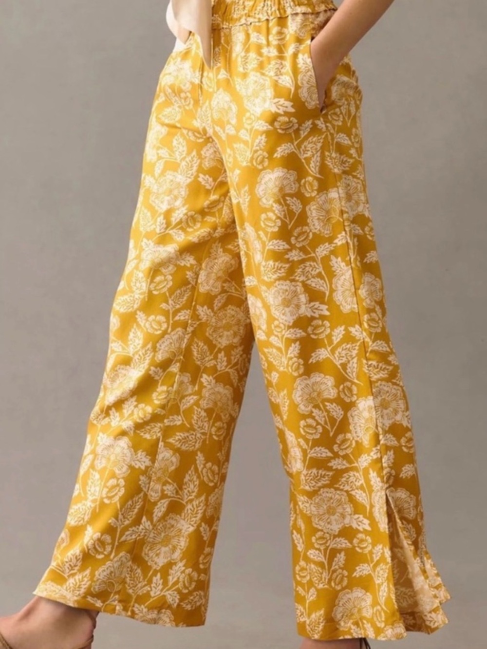 Anthropologie Mustard Yellow Floral Wide-Leg Pants